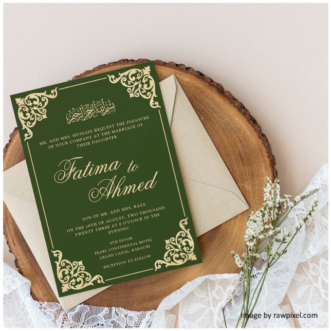 Elegant barockram Smaragdgrön muslimsk bröllop Inbjudningar (Skapare uppladdad)