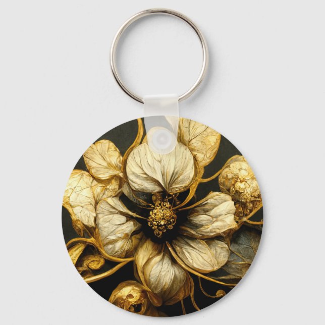 Elegant Baroque Black & Guld Blommigt Keychain Nyckelring (Framsida)