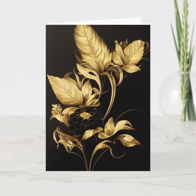 Elegant Baroque Black & Guld Blommigt Note Card Tack Kort (Framsida)