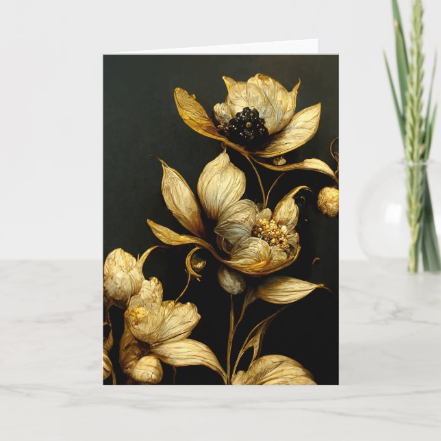 Elegant Baroque Black & Guld Blommigt Note Card Tack Kort (Framsida)