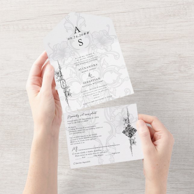 Elegant Baroque Black White Blommigt Forme Bröllop (Tearaway)