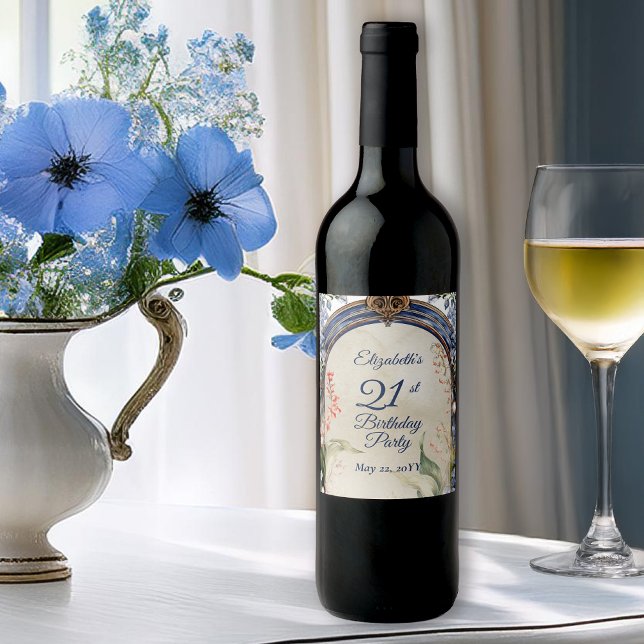 Elegant Baroque Blommigt Arch 21:a födelsedagen Pa Vinflaska Etikett (Elegant Baroque Floral Frame 21st Birthday Party Wine Label)