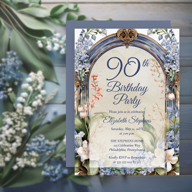 Elegant Baroque Blommigt Arch 90:e Födelsedagsfest Inbjudningar (Elegant Baroque Garden Floral Arch 90th Birthday Party Invitation - Print | Digital Download)