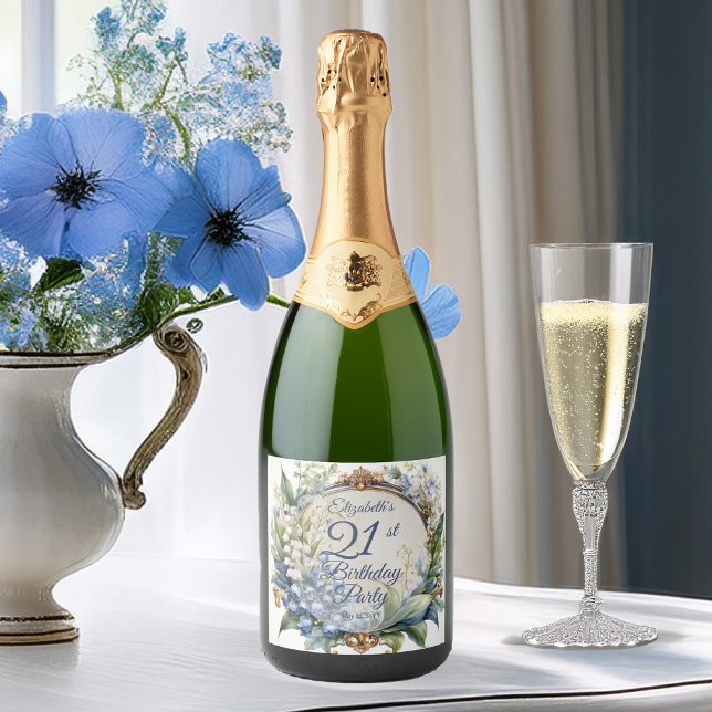 Elegant Baroque Blommigt Ram 21:a födelsedagen Par (Elegant Baroque Floral Frame 21st Birthday Party Sparkling Wine Label)