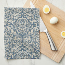 Elegant Baroque Blue Damask Brocade on White