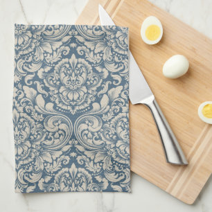 Elegant Baroque Blue Damask Brocade on White Kökshandduk