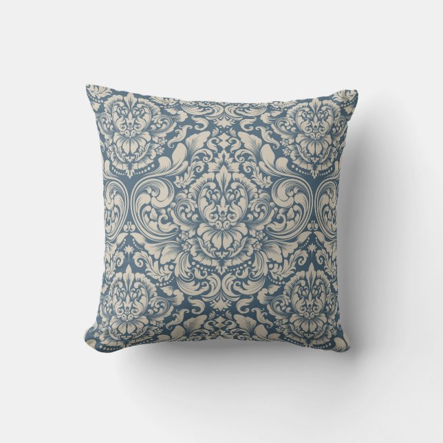 Elegant Baroque Blue Damask Brocade on White Kudde (Framsida)