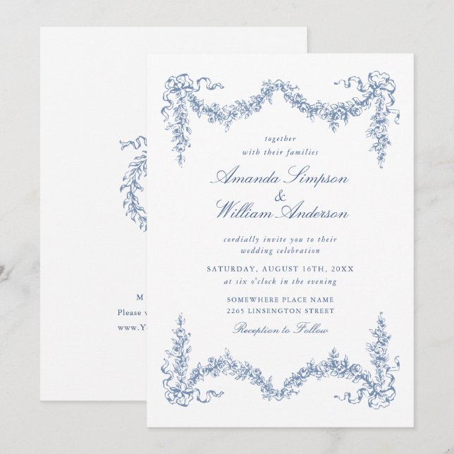 Elegant Baroque Blue Fransk Garden Blommigt Bröllo Inbjudningar (Fram/baksida)