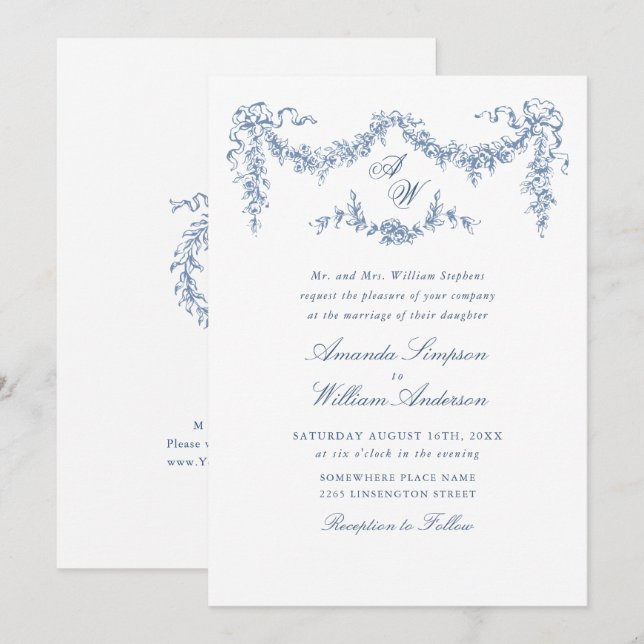 Elegant Baroque Blue Fransk Garden Blommigt Bröllo Inbjudningar (Fram/baksida)