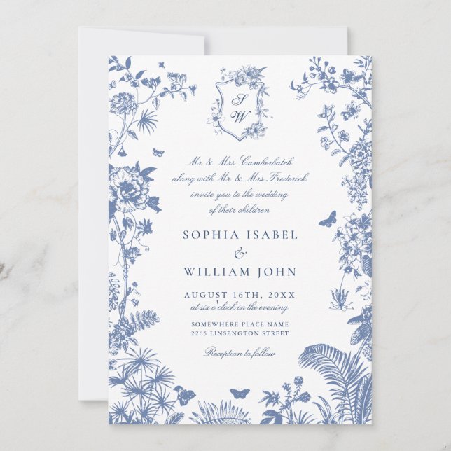 Elegant Baroque Blue Fransk Garden Blommigt Bröllo Inbjudningar (Framsida)