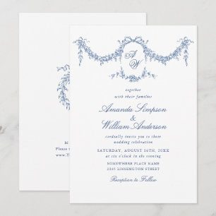 Elegant Baroque Blue Fransk Garden Blommigt Bröllo Inbjudningar