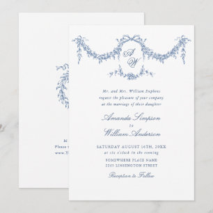Elegant Baroque Blue Fransk Garden Blommigt Bröllo Inbjudningar