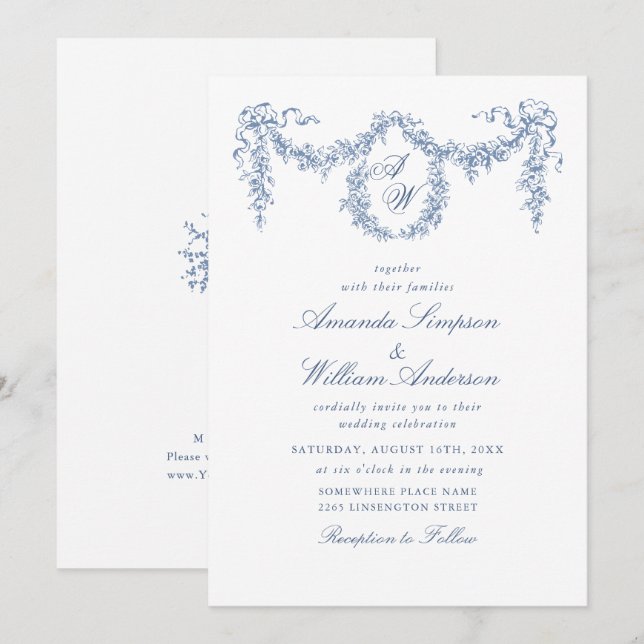 Elegant Baroque Blue Fransk Garden Blommigt Bröllo Inbjudningar (Fram/baksida)