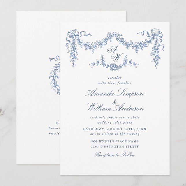 Elegant Baroque Blue Fransk Garden Blommigt Bröllo Inbjudningar (Fram/baksida)