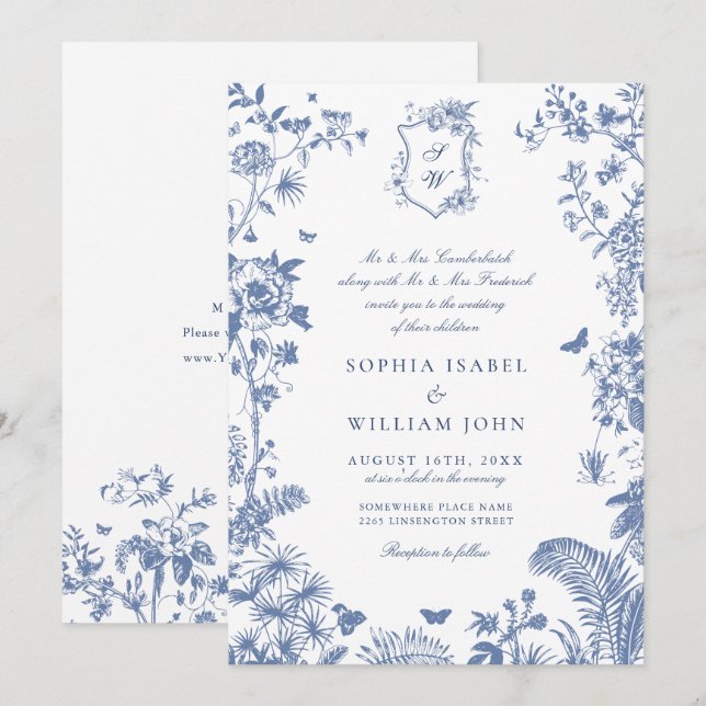 Elegant Baroque Blue Fransk Garden Blommigt Bröllo Inbjudningar (Fram/baksida)