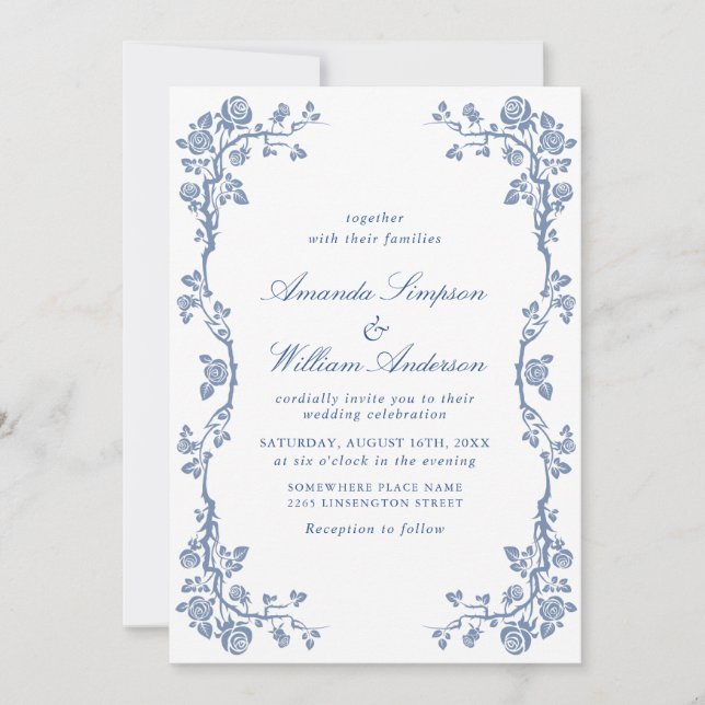 Elegant Baroque Blue Fransk Garden Blommigt Bröllo Inbjudningar (Framsida)