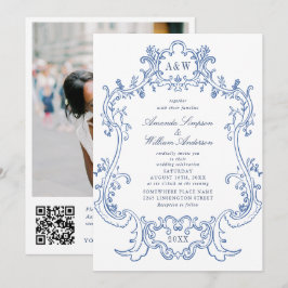 Elegant Baroque Blue Ornate Ram Bröllop Photo QR Inbjudningar