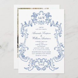 Elegant Baroque Dusty Blue Ram Photo Bröllop Inbjudningar