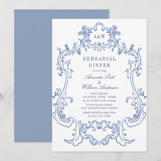 Elegant Baroque Dusty Blue Ram Rehearsal Middag Inbjudningar