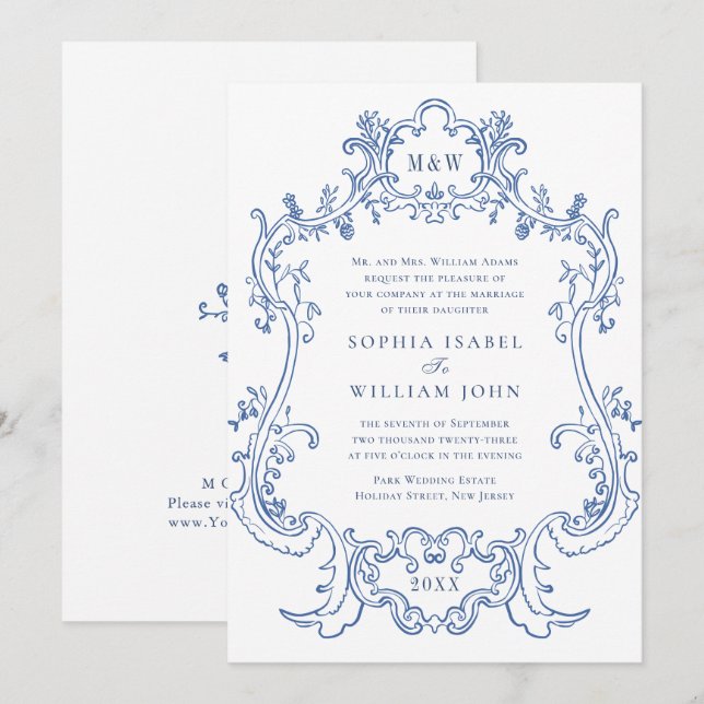 Elegant Baroque Dusty Blue Vintage Ram Bröllop Inbjudningar (Fram/baksida)