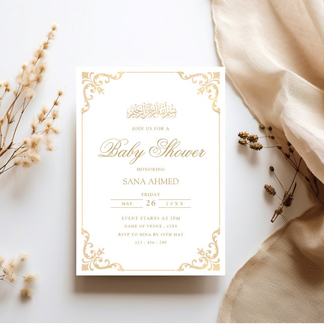 Elegant Baroque Guld Script Muslim Baby Shower Inbjudningar (Skapare uppladdad)