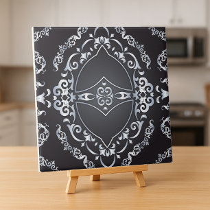 Elegant Baroque Luxury Chic Black & Silver Gräns Kakelplatta