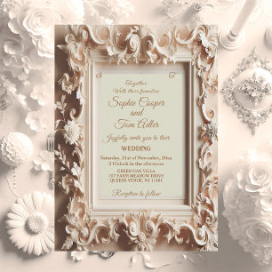 Elegant Baroque Opulence Peach Guld Ram Bröllop Inbjudningar