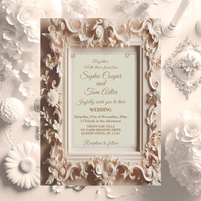 Elegant Baroque Opulence Peach Guld Ram Bröllop Inbjudningar (Elegant Baroque Opulence Peach Gold Frame Wedding Invitation)