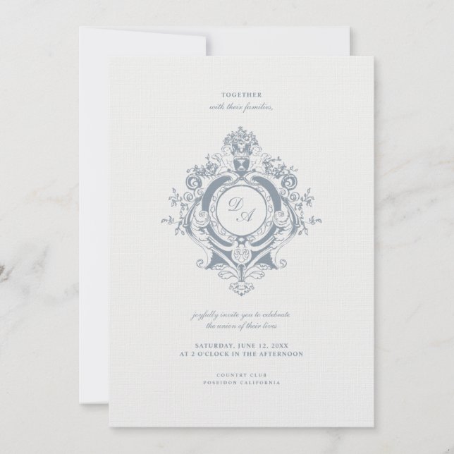 Elegant Baroque Vapensköld Minimalist Bröllop Inbjudningar (Framsida)