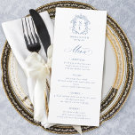 Elegant Baroque Vapensköld Monogram Blue Bröllop Meny<br><div class="desc">Den här Eleganten Baroque Vapensköld Monogram Blue Bröllop Menu Card har en vintage baroque stil monogram vapensköld och elegant calligrafi.</div>
