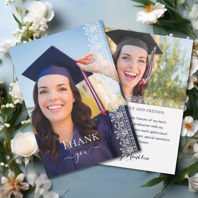 Elegant Baroque Victorian Snöre Studenten Photo Tack Kort (Elegant Victorian Baroque Lace Edged Graduation Thank You Card customizable with space for 2 photos.)
