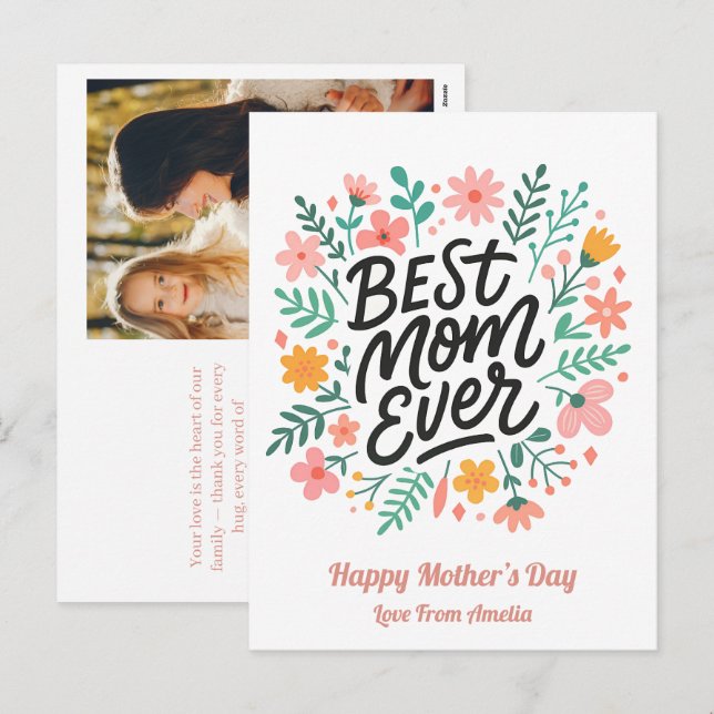 Elegant Bästa Mamma någonsin | Blommigt Mors dag Helg Vykort (Fram/baksida)