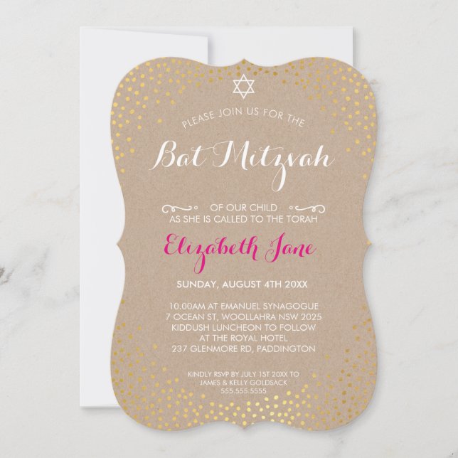 ELEGANT BAT MITZVAH guld kondeni kraftkraft Inbjudningar (Framsida)