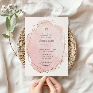 Elegant Bat mitzvah Guld Star Rosa Vattenfärg Inbjudningar