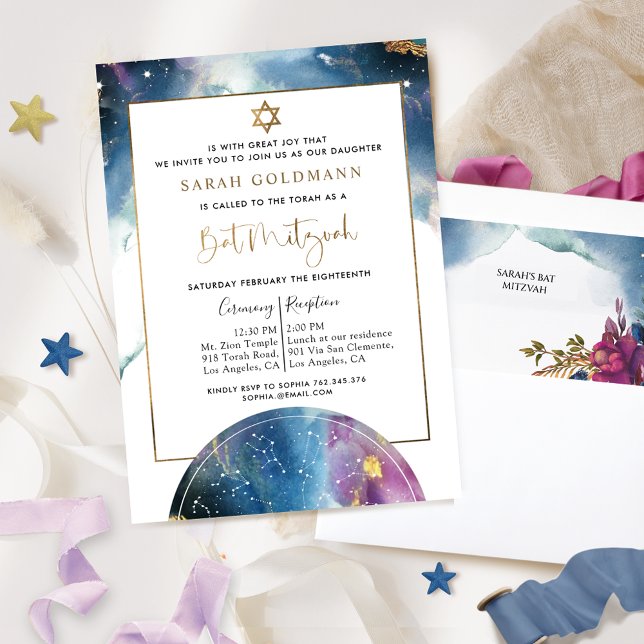 Elegant Bat mitzvah kelestial vattenfärg Inbjudningar (Skapare uppladdad)