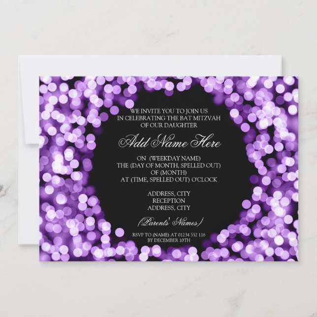 Elegant Bat mitzvah Lila Sparkly Ljus Inbjudningar (Framsida)