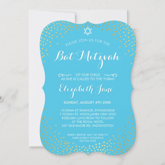 ELEGANT BAT MITZVAH mini rustic guld konetti aqua Inbjudningar (Framsida)