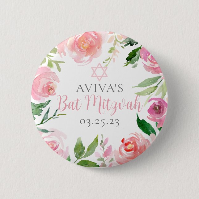 Elegant Bat Mitzvah Party Personalized Pink Floral Knapp (Framsida)