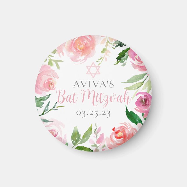 Elegant Bat Mitzvah Party Personalized Pink Floral Magnet (Framsidan)