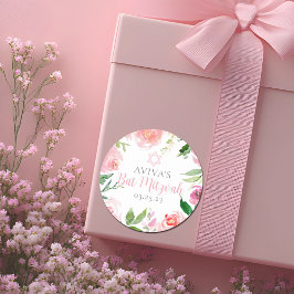 Elegant Bat Mitzvah Party Personalized Pink Floral Runt Klistermärke