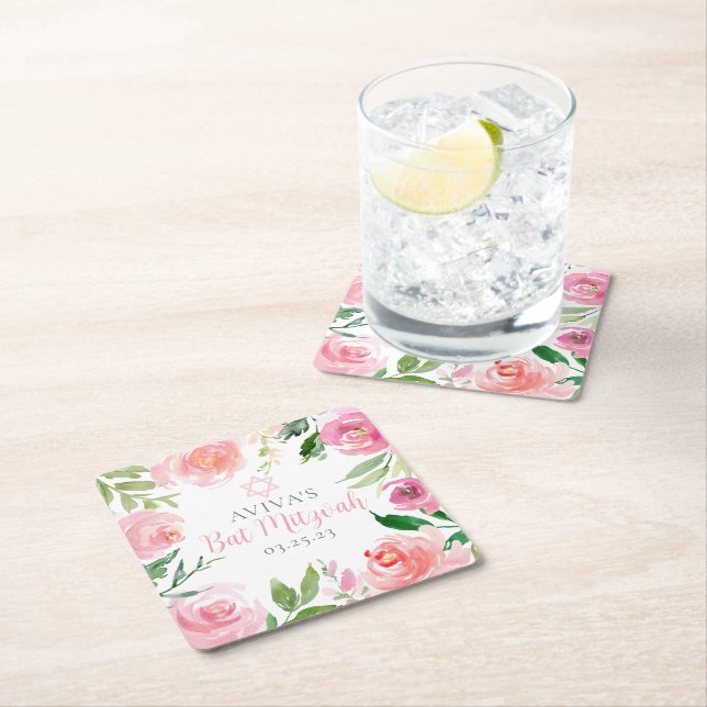 Elegant Bat Mitzvah Party Personalized Pink Floral Underlägg Papper Kvadrat (Insitu)