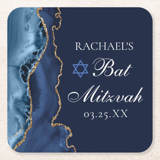 Elegant Bat mitzvah Party vid  marinblått Guld Underlägg Papper Kvadrat (Framsidan)