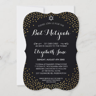 ELEGANT BAT MITZVAH Rustic guld conetti svart Inbjudningar