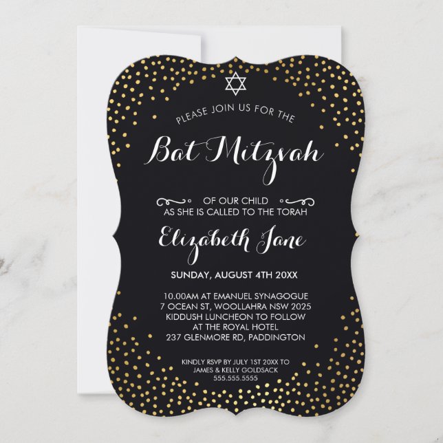 ELEGANT BAT MITZVAH Rustic guld konetti svart Inbjudningar (Framsida)