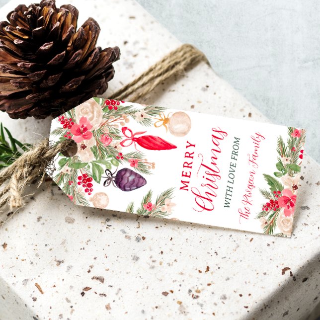 Elegant Bauble gräs blommigt Vattenskärg jul Presentetikett (Elegant bauble pine floral watercolor Christmas Gift Tags)