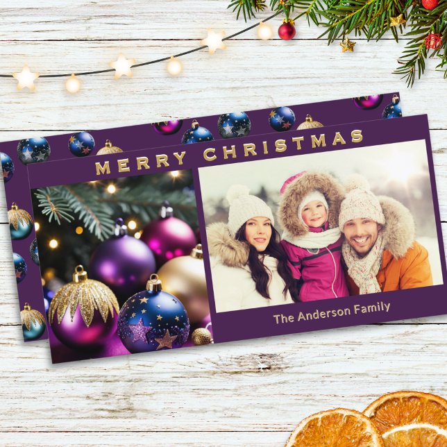 Elegant Bauble Ornaments Family Photo jul Julkort (An elegant, modern Christmas card, with custom photo, family name in faux gold, and baubles picture)