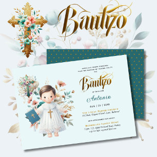 Elegant BAUTIZO Teal Blue Guld Blommigt Kor Inbjudningar