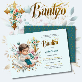 Elegant BAUTIZO Turquise Guld Blommigt Kor Inbjudningar