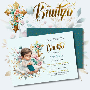Elegant BAUTIZO Turquise Guld Blommigt Kor Inbjudningar
