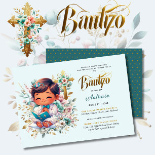 Elegant BAUTIZO Turquise Guld Blommigt Kor Inbjudningar